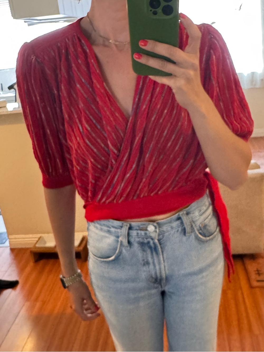 Vintage Red Metallic-Stripe Wrap Top